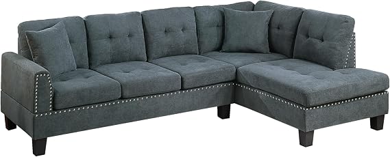 Poundex 2pc Sectional Sofa Set Tweeted-Like Velvet Ash Black