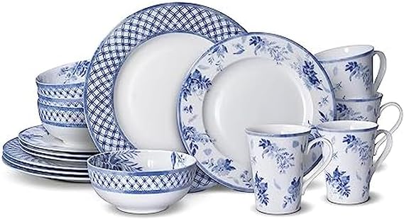Mikasa Kiley Bone China Lightweight Chip Resistant 16 Piece Dinnerware Set, Service for 4,Blue and White