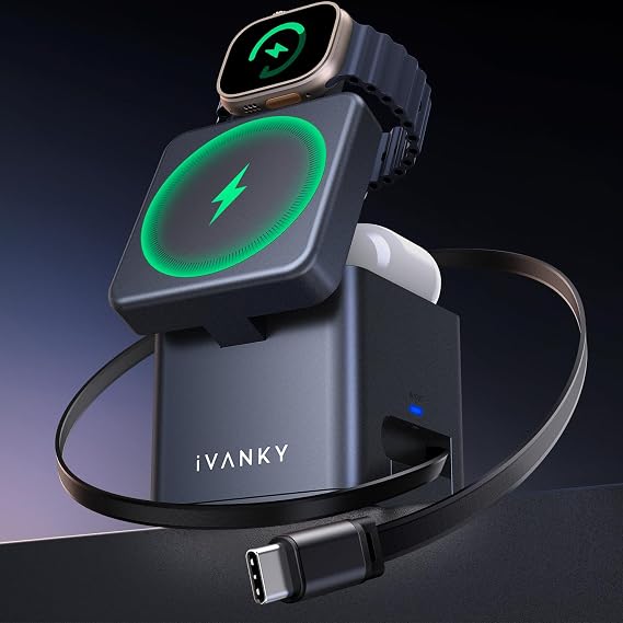 iVANKY fur iPhone 16/15/14/13/12 Pro Max 5 in 1 Ladestation Cube mit Einziehbarer Kabel fur Magsafe Wireless Charger, 65 W Induktive Kabellose Ladegerat Schnellladung, Apple iWatch Ultra, AirPods