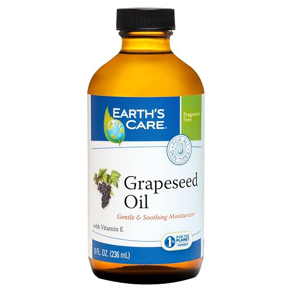 Earth's Care Grapeseed Oil - Natural, Expeller Pressed, for Skin and Hair - Lightweight Body Oil for Dry Skin, Glass Bottle, 8 FL. OZ.