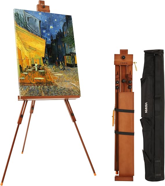 VISWIN Portable Easel for Painting with Bag, Tilting Flat & Adjustable Beech Wood Art Easel Stand, Holds Canvas up to 44", Tripod Field Easel for Adults, Artists, Beginners - Walnut Brown