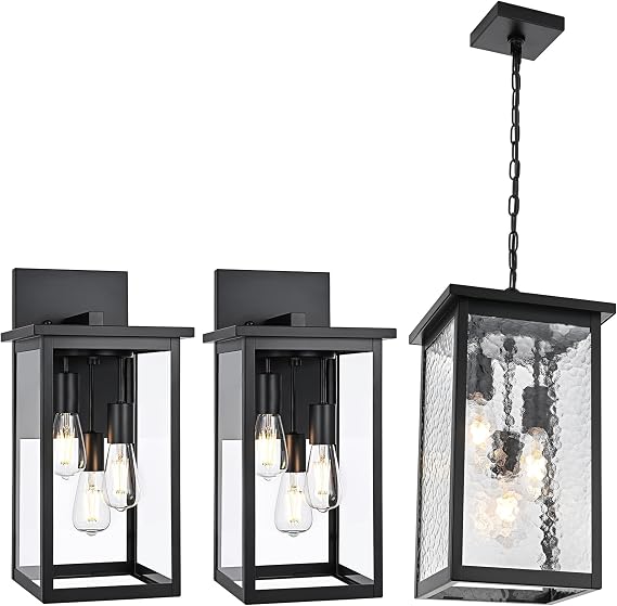 TODOLUZ Hammered Glass 3-Light Pendant Light & 2-Pack Large Wall Sconce