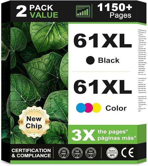61XL Ink Cartridge Combo Pack Black Color Replacement for HP 61 Ink for HP Ink 61 XL HP61 HP61XL Work with Envy 4500 5530 4630 4502 2540 4635 4632 1510 1512 1000 1010 4501 3510 3050 5535 2542 Printer