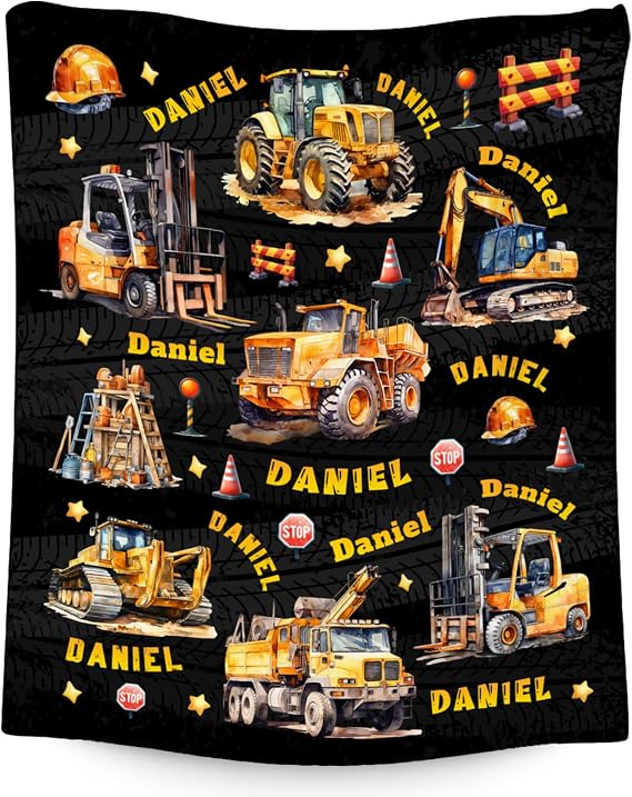 Toddler Blankets for Boys, Personalized Construction Gifts for Kids, Plush Cozy Construction Truck Throw Decor for Bedroom Sofa, 4 Size