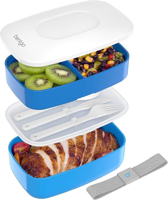Bentgo Classic Stackable 3-Compartment Adult Bento-Style Lunch Box | Removable Utensil Set and Sealing Strap, BPA-Free, Food Container Ideal for Meal Prep, Work, and On the Go (Blue)