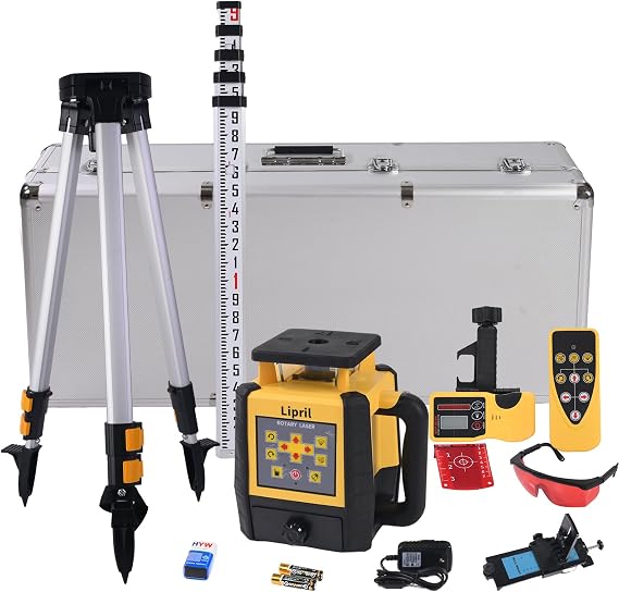 Rotary Laser Level Kit, 1/16" @100' Accuracy, 2296FT Work Range, IP66 Self-Leveling Construction Laser Transit with Tripod & Grade Rod, Swappable Battery System for Construction Job, Red Bean