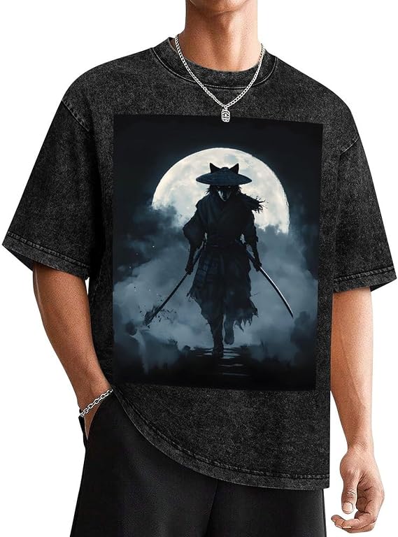 Men Vintage Drop Shoulder T-Shirt Cool Wolf Print Crewneck Short Sleeve Tees Shirts