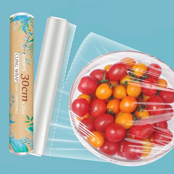 100% Compostable Plastic Cling Wrap 12 inch Food Service Cling Film Wrap Roll - 12" x 99 Ft ECO friendly Food Wrap Wrap Precut 30cm35cm Totall 60m 2 PACK