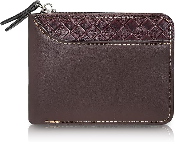 PU Leather Wallets for Men, Minimalist Bifold Wallet with Zipper, Small Card Holder Wallet with ID Window and Coin Pocket (Dark Brown)