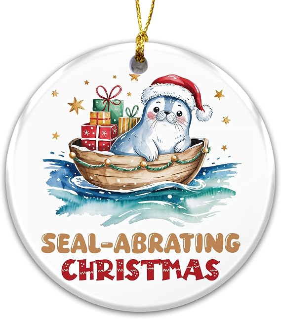 Seal-Abrating Christmas Ornament 2025 – Cute Seal in Santa Hat with Gifts, Funny Animal Pun Holiday Ornament, Ceramic Keepsake Tree Decoration for Ocean Lovers, Kids Idea