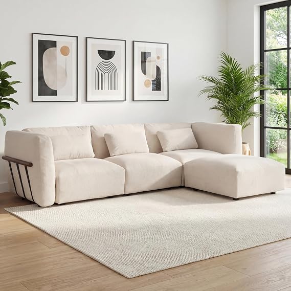 Ya-Home Modular Sectional Sofa Couch, Modern L Shaped 3 Seat Sectional Couches with Movable Ottoman, Chenille Upholstered Cloud Comfy Sofa Couches with Solid Wood Frame for Living Room, Beige