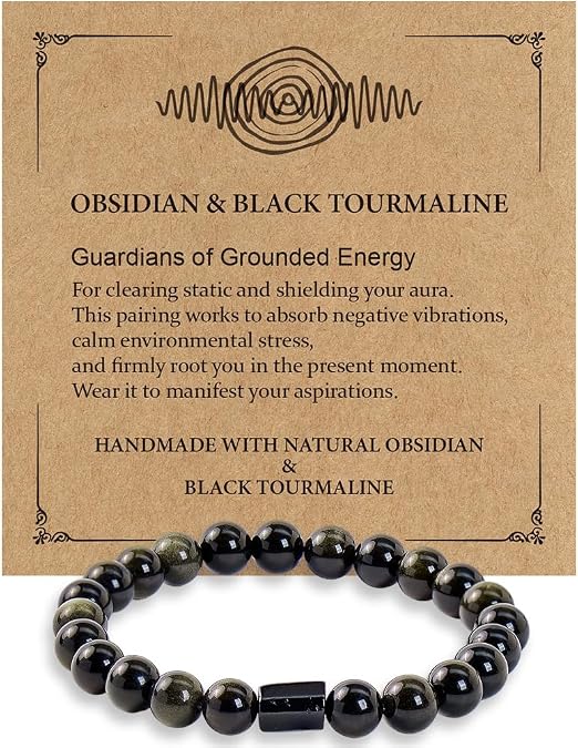 Black Obsidian Bracelet with Black Tourmaline with Gift Box & Card