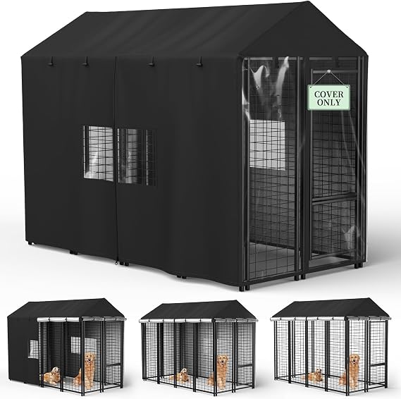 COSHNIBI Outdoor Dog Kennel Cover, Heavy Duty Waterproof Large Dog Cage Cover, Windproof UV Resistant, Fits for 8'Dx4'Wx6'H Dog Cages, Black