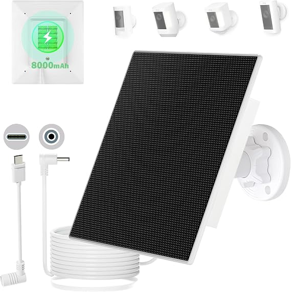 5W Solar Panel Built-in with 8000mAh Battery for Security Camera Outdoor, 2in1 Plug Charger Panel for Ring/Eufy/Wyze Battery cam, Support Emergency Power for Camping Hiking Lights, Phones, Tablet PC