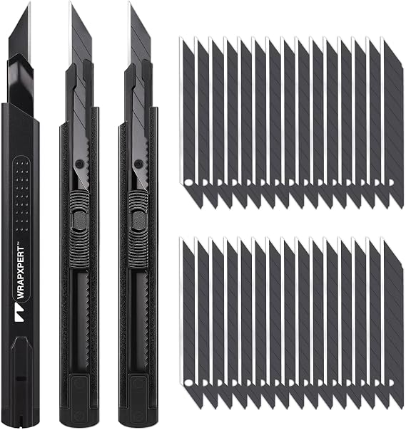 WRAPXPERT Utility Knife Retractable with 30 Degree Snap Off Blade,Box Cutter for Carton,Razor Knife Exacto Craft,3 Pack Retractable Knife for Office,Home Use,with 30 Extra 9mm Blades
