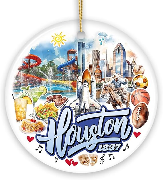 Artistic Houston Ceramic Ornament, Texas Souvenir with Vintage City Elements and Space Shuttle (Circle)