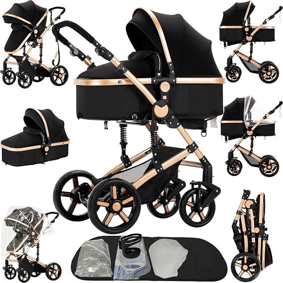 2 in 1 Baby Stroller Reversible Portable Standard Baby Stroller Convertible Pushchair Infant Buggy Baby Carriage Foldable High Landscape Pram for Toddler Newborn (2US588-BG 2 in 1)