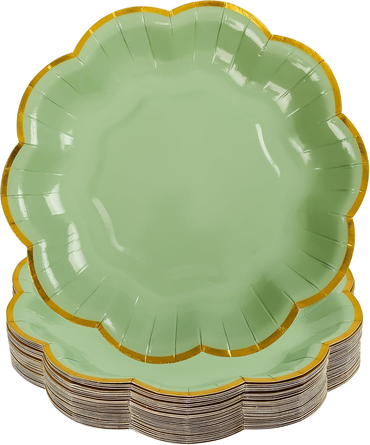 48Pcs Sage Green Paper Plates 7 Inch Scalloped Disposable Party Plates Gold Foil Edge Dessert Plate for Coquette Birthday Bridal Baby Shower Wedding Tea Party Supplies