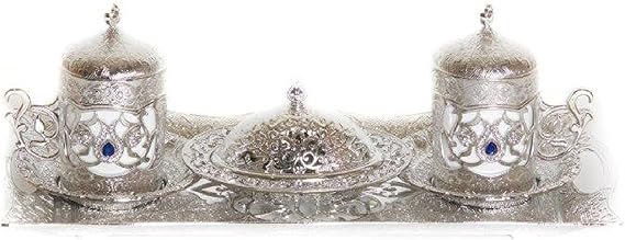 Traditional Turkish Style Coffee Serving Set with Colored Stone Insets (Silver)
