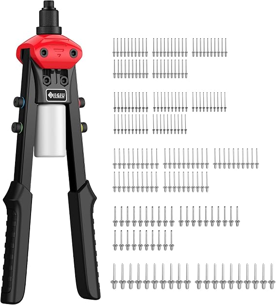 5 in 1 Heavy Duty Pop Rivet Gun Kit with 200 Rivets & 5 Heads for DIY-Red