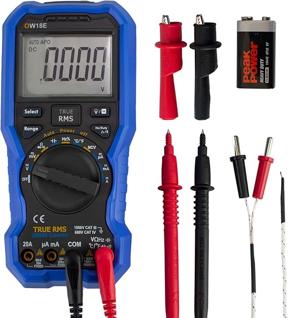 OWON OW18E Bluetooth Digital Multimeter 20000 Counts Ohmmeter Auto-ranging Tester, Voltmeter with Backlight LCD Test Leads,Portable Multi Testers Measures Current Resistance,T-Rms NCV Data Logger
