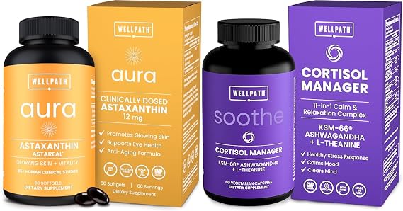 WellPath Astaxanthin 12mg Natural Astaxanthin Supplements from Microalgae Antioxidants with Micro Ingredients and Soothe Cortisol Manager - Cortisol Supplements for Women with KSM-66 Ashwagandha