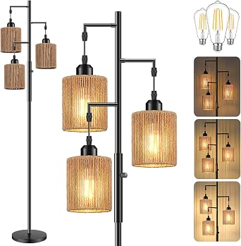 Hotsonic 72" Rattan Boho Floor Lamp, Tall Dimmable Standing Lamp with Handcrafted Brown Shade, Industrial Tree Floor Lamps for Living Room, Bedroom, Study Room, Office (3 x 800LM Bulbs Included)-Black