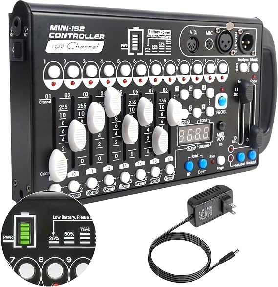 Battery DMX Controller with Midi, Portable DMX Controller for Moving Head Lights, DMX 192 Controller Lighting Console, Dmx512 Controller with Built-in Battery