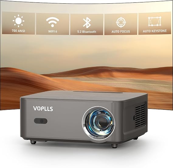 Auto Focus Projector, VOPLLS 4K Projector with WiFi and Bluetooth, Native 1080P Outdoor Home Theater Movie Projector, Auto 6D Keystone, Compatible with HDMl, USB, AV, Smartphone/Tablet/Laptop (25000L)