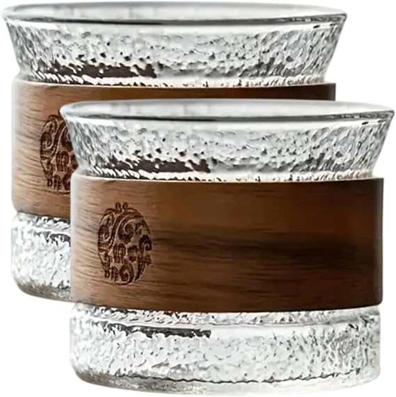 Tasse Verre Japanese Glass Tea Cup with Removable Wooden Sleeve - 5.27 fl oz. Teacup Set (2-Pack). Sake, Espresso, Cappuccino, Latte, Coffee Mug - Shot Sipping Tumbler, Lightweight.