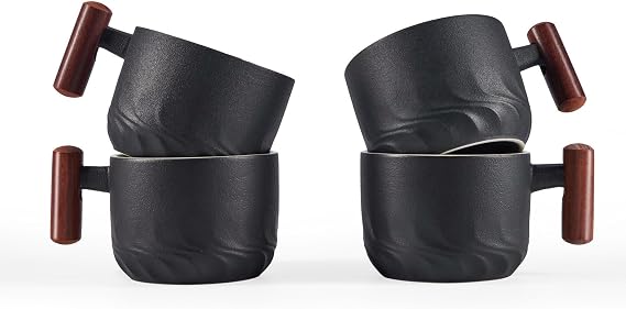 2.5oz Ceramic Espresso Cups with Wooden Handle, Small Coffee Cups Double Shot Espresso Cups Set of 4, WG025