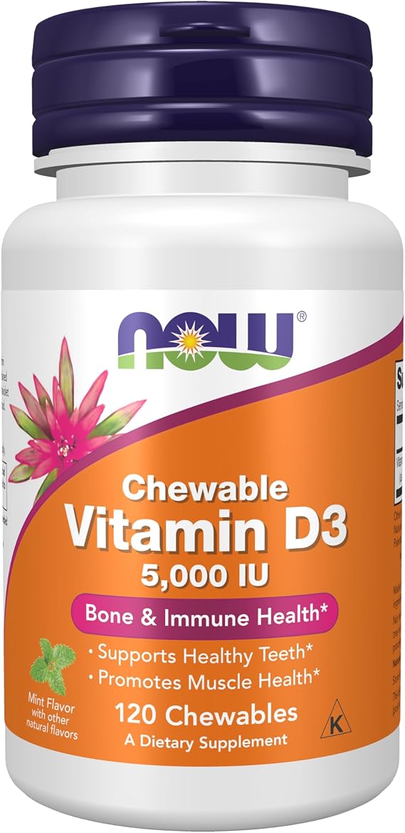 NOW Supplements, Vitamin D-3 5,000 IU, Mint Flavor, 120 Chewables
