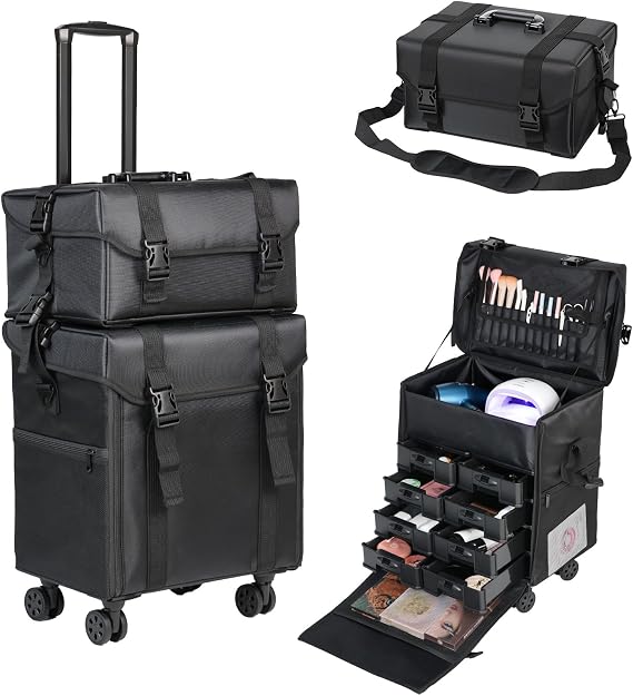 BEAUTY CASE 2 in 1 Rolling Makeup Case, Cosmetology Case on Wheels, Large Capacity Professional Makeup Bag with 8 Detachable Drawers for Makeup Artist & Hairstylist, Waterproof Oxford Fabric, Black
