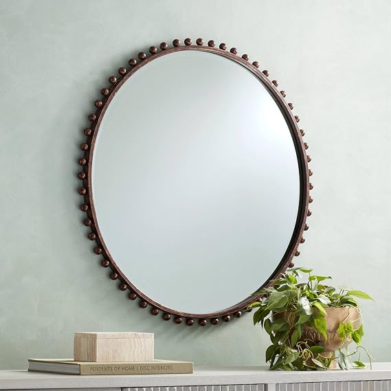 Uttermost Vidalla Round Vanity Decorative Accent Wall Mirror Rustic Beveled Glass Matte Dark Bronze Beaded Iron Frame 32" Wide for Bathroom Bedroom Living Room Home House Office Entryway