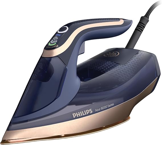 Philips Azur 8000 steam iron, 3000W power, turbo boost 260g, 85g/min continuous, intelligent sensor, 350ml tank, auto shut-off, vertical shots, dark blue (DST8050/26) | Intelligent steam sensor – 85g/min continuous iron, 260g boost, 350ml tank, auto shut-off, Calc-clean function (DST8050/26)