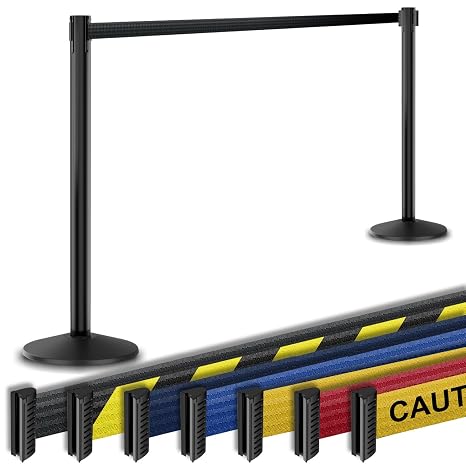 Commercial-Grade Retractable Belt Barrier 2pk by Visiontron, 40 Tall Crowd Control Stanchion, 10 Long Belt/Visiontron Prime Steel, Self-Straightening No-Tools Assembly, (VS Black Post w/Black Belt)