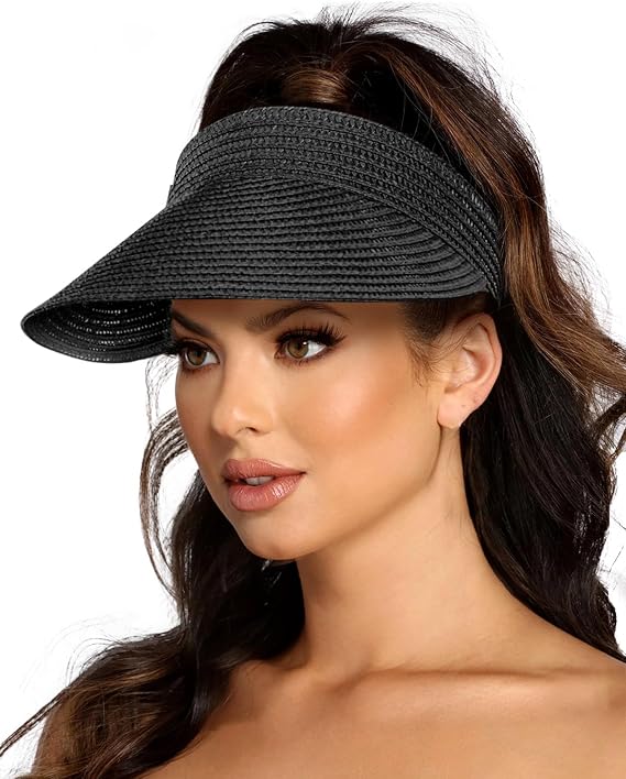 EW EastWater Beach Sun Visor Hats for Women, Wide Brim UPF50+ Sun Protection Straw Hat Packable Foldable for Summer