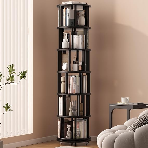 Muwuele Solid Wood Rotating Bookshelf on Wheels, 6 Tier, Round Revolving Bookcase, 360 Spinning Book Shelf Tower for Kids, Narrow Rolling Bookshelves for Small Space, Corner, Bedroom, Office, Black