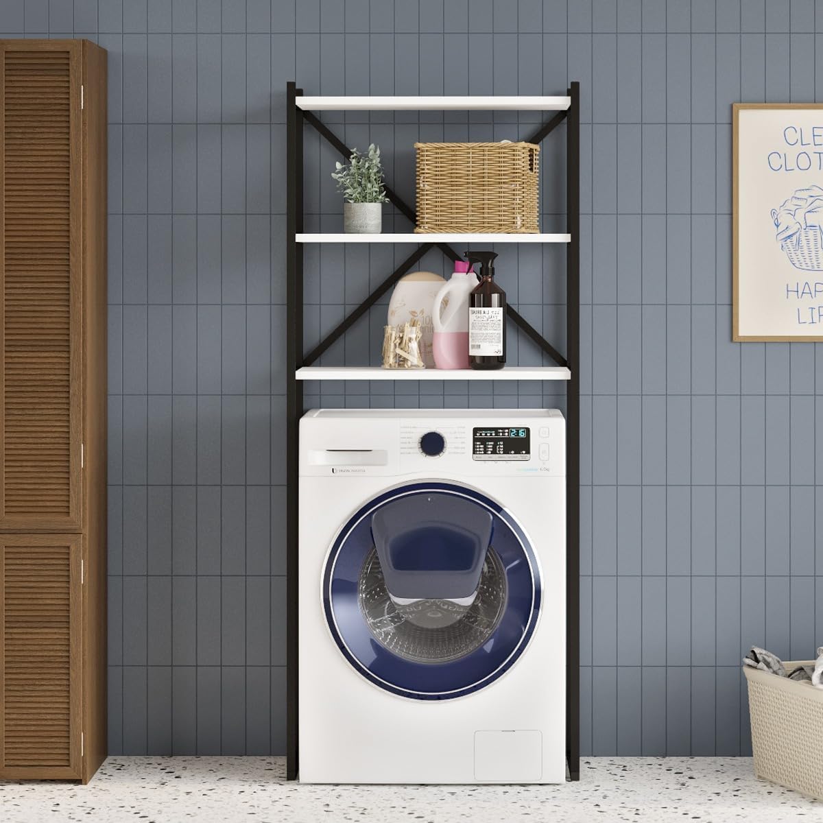 Over Washing Machine Storage Shelf – 3 Tier Bathroom & Laundry Rack,l & Engineered Wood, Space Saving, Waterproof, Freestanding Unit, Walnut, Black, White (White)