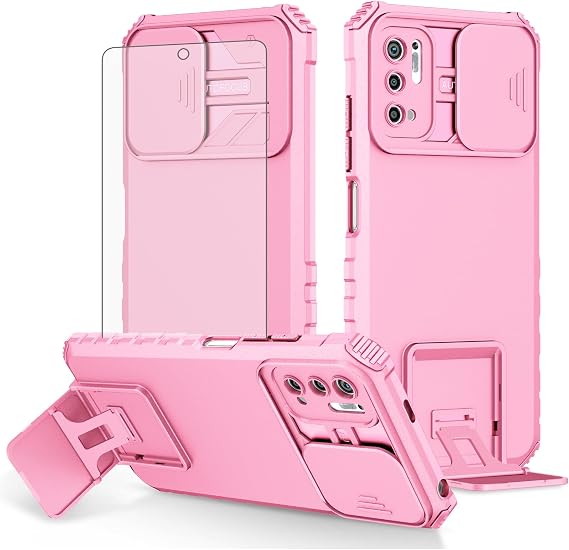 Asuwish Phone Case for Xiaomi Redmi Note 10 5G with Tempered Glass Screen Protector and Slide Camera Cover Kickstand Stand Protective Cell Accessories Poco M3 Pro/Redme Note 10T G5 Women Men Pink