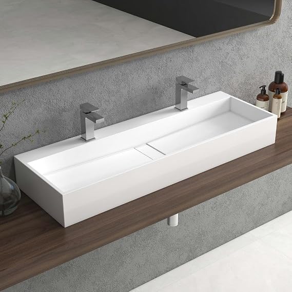 47 Inch Wall-Mount Double Sink Stone Resin Trough Bathroom Sink with 2 Faucet Holes (Glossy White)