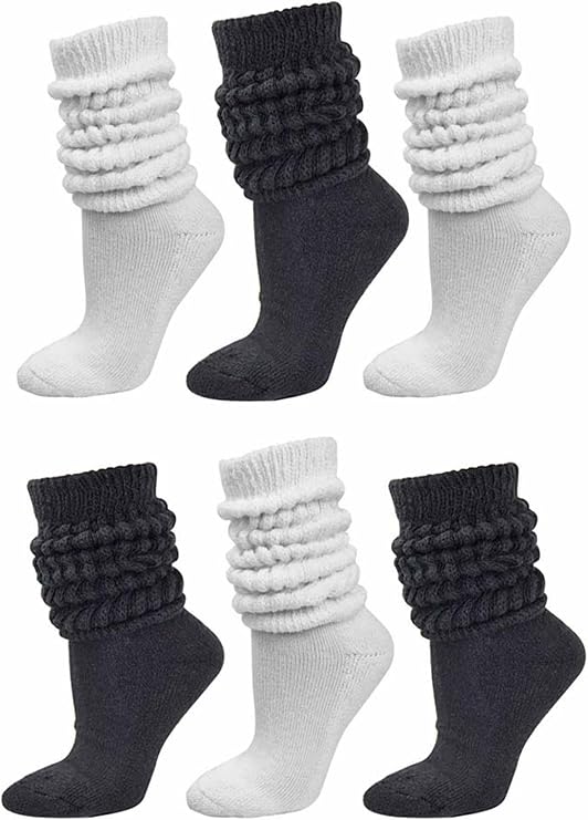 Black & White All Cotton 6-Pack Extra Heavy Super Slouch Socks