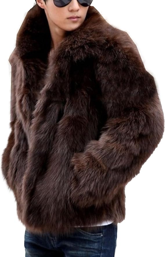 Men's Classic Fur Collar Shaggy Long Sleeves Faux Fox Fur Short Coat Warmth Winter Fuzzy Fur Garment (Coffee,X-Large)