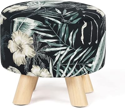 Modern Round Ottoman Foot Rest StoolSeat with Velvet Fabric and Non-Skid Wooden LegsBlack and Green
