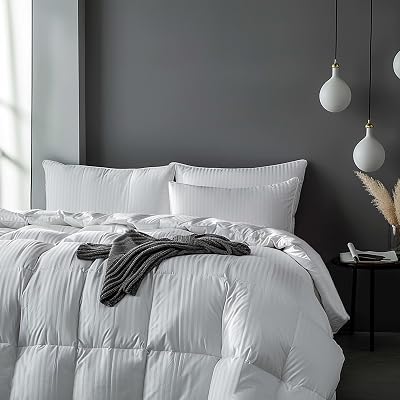 Beautyrest US Grown Cotton All Seasons Warmth Exceptional Hungarian White Goose Down Comforter King Size-750 Fill Power 500TC Damask Stripe Fabric