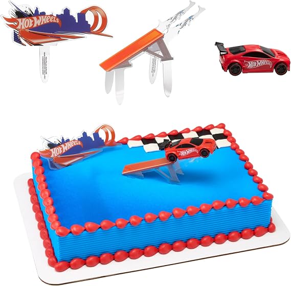 DecoSet Hot WheelsTM Supreme Speed Cake Topper, Car Cake Decoration Set with Vehicle cake topper, Ramp and Background Pics, 3 Piece Set | For Birthday And Celebrations