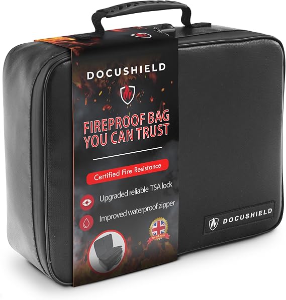 Fireproof Document Box | Water Resistant & Fireproof Document Bag | Lightweight & Portable Box with Dividers & Pockets for File Storage | UK Brand | Fibreglass Fabric | TSA Lock (Original)