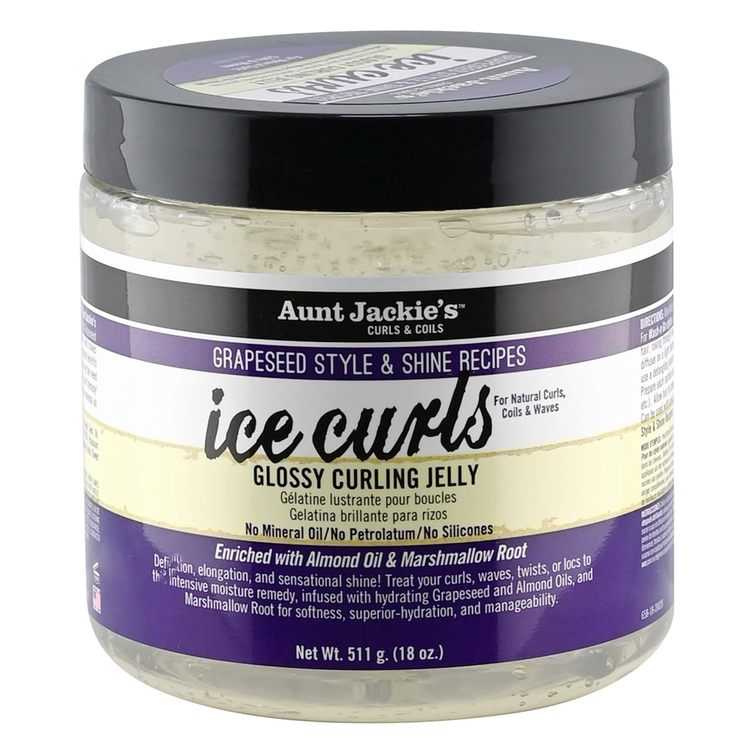 Aunt Jackies Grapeseed Style and Shine Recipes Ice Curls Glossy Curling Jelly, Hydrates, Softens, Makes Waves, Curls and Coils Easier to Style, 18 oz