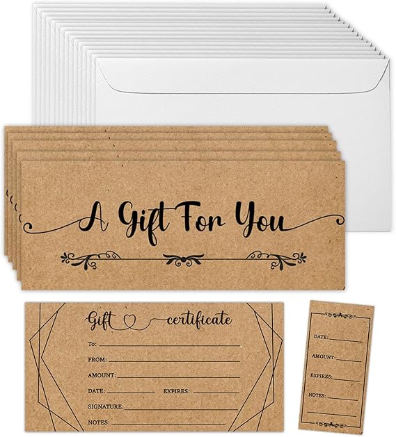50 Sets Gift Certificates for Business, Blank Kraft Gift Cards with Envelopes, Gift Certificates for Salon Restaurants Spa Marriage Birthday Christmas Client Vouchers - Retro Style