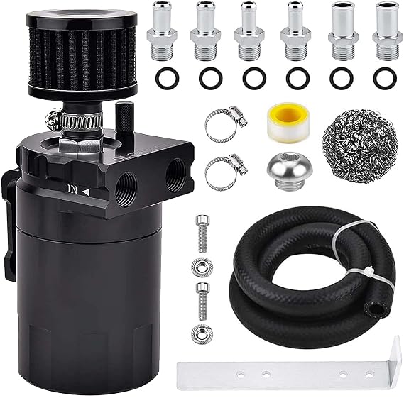 Universal Baffled Oil Catch Can 300ml Aluminum Polish Oil Separator Catch Can Kit Reservoir Tank with Breather Filter & 3/8" NBR Fuel Line/6 Fittings/Necessary Accessories,Black